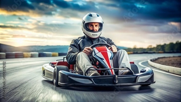 Fototapeta Man racing on karting track at full speed wearing helmet and driver suit, karting, race, speed, adrenaline, competition, sport