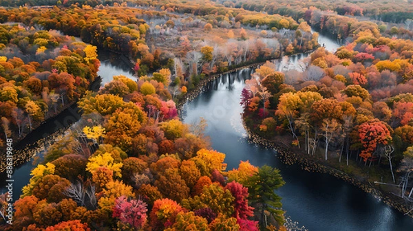 Fototapeta High Angle Drone Shot of Vibrant Autumn Forest with River