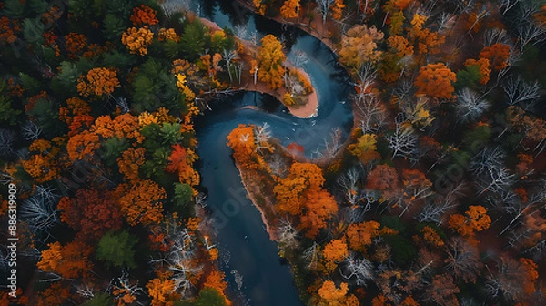 Fototapeta High-Angle Drone Shot of a Vibrant Autumn Forest with River