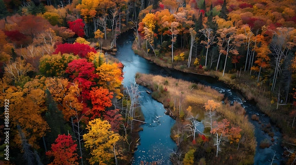 Fototapeta High-Angle Drone Shot of Vibrant Autumn Forest With River