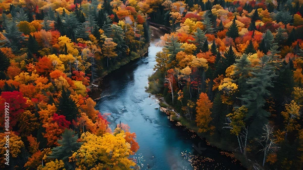 Fototapeta High-Angle Drone Shot of a Vibrant Autumn Forest with River
