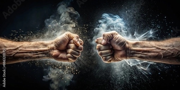 Fototapeta Close up of two fists hitting each other over dark background, fight, conflict, struggle, violence, aggression, competition, combat