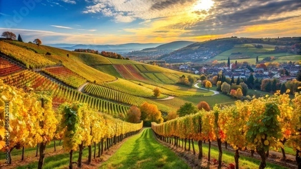 Fototapeta Vineyards in Stuttgart region during the autumn harvest season, wine, vineyard, grapes, Germany, October, scenic