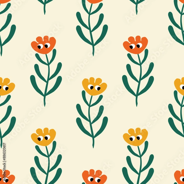 Obraz Cute colorful tiny flowers hand drawn vector illustration. Adorable floral seamless pattern for kids fabric or wallpaper.