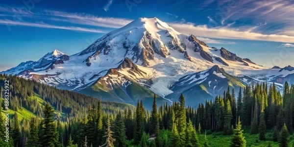 Fototapeta Panoramic view of snow-capped Mount Rainier in Washington State, Mount Rainier, National Park, Washington