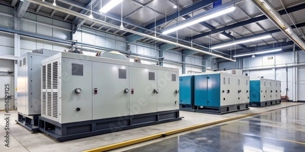 Fototapeta Generator room with two standby Diesel generators for power backup, factory, industrial