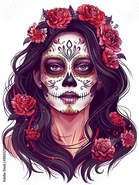 Fototapeta A portrait of an attractive woman with long dark hair, wearing the traditional Mexican Day Of The Dead skull makeup and flowers in her head. Vector art design for a t-shirt in the