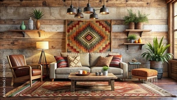 Fototapeta Cozy rustic living room with southwestern decor, featuring a blank wall for product presentation , rustic