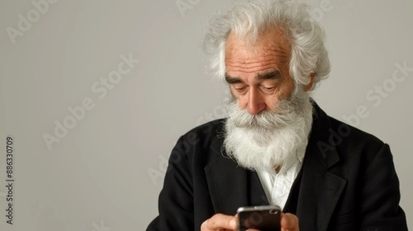 Fototapeta Distinguished elderly man in black suit using smartphone to connect, message, and handle calls stylishly.