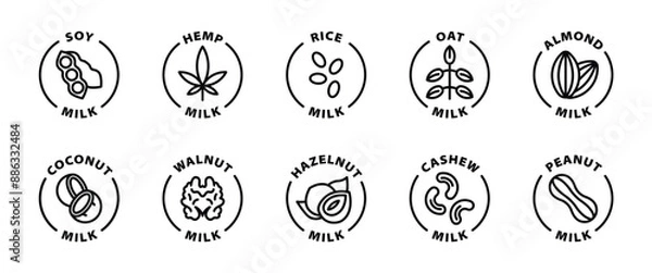 Fototapeta soy hemp rice oat almond coconut walnut hazelnut cashew peanut milk black outline icon label isolated on transparent background