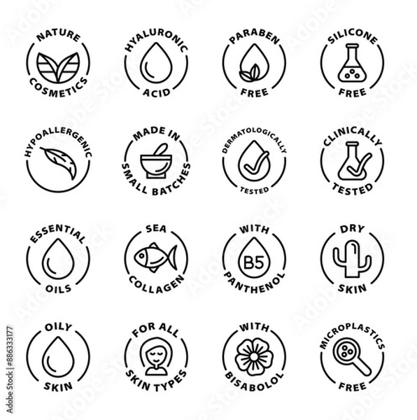 Fototapeta nature cosmetics icon set stamps black outline icon round rounded circle badge stamp label isolated on transparent background