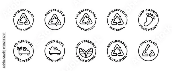 Fototapeta recycling recycled recyclable returnable packaging upcycled fixed rate shipping black outline icon round rounded circle badge stamp label isolated on transparent background