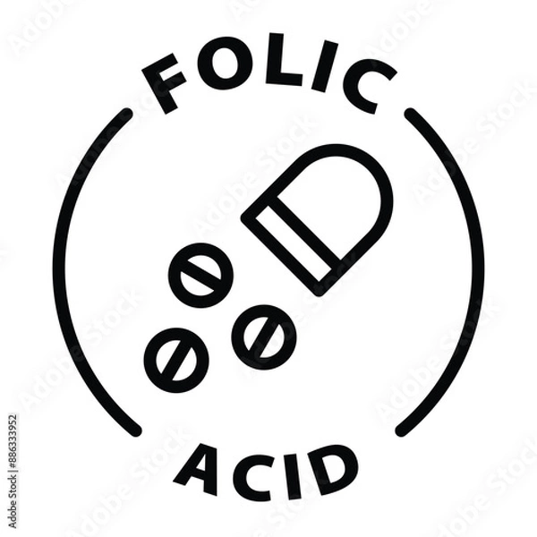 Fototapeta folic acid black outline icon round rounded circle badge stamp label isolated on transparent background