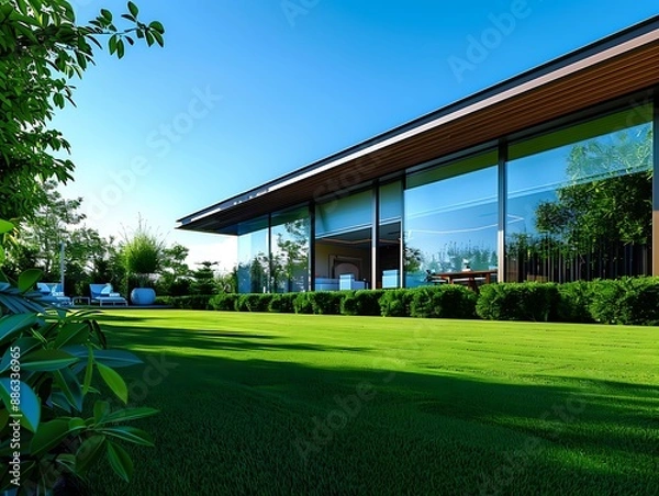 Fototapeta A lush green lawn, meticulously trimmed, surrounding a modern house with large windows reflecting the clear blue sky, a peaceful oasis of tranquility.