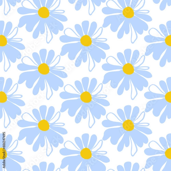 Fototapeta Spring seamless pattern rows blue meadow daisies white Summer template Blooming wildflower ditsy ornament wrapping fabric wallpaper textile mosaic vector