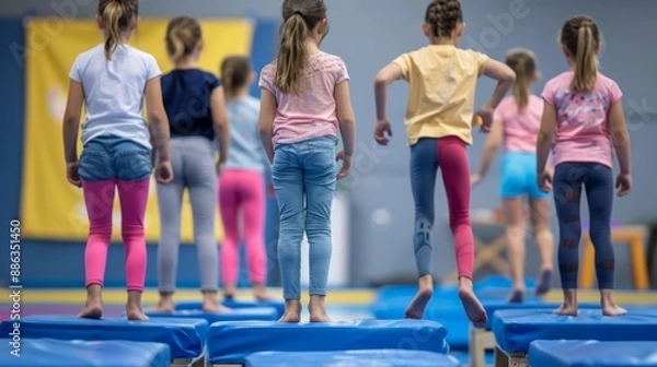 Fototapeta A group of young girls in colorful sportswear stand on blue mats in a brightly lit indoor training facility. 