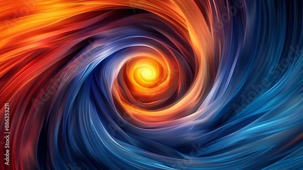 Fototapeta Abstract swirling blue and orange design with bright light.