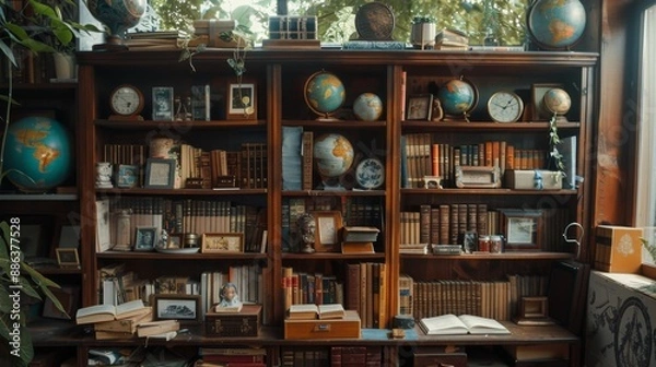 Fototapeta Wooden Bookshelf with Globes and Books.