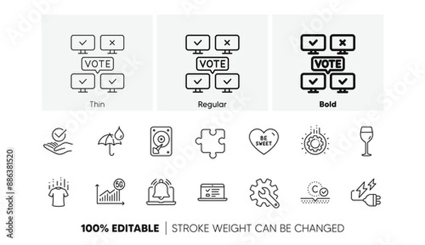Fototapeta Collagen skin, Gear and Puzzle line icons. Pack of Electricity plug, Dry t-shirt, 5g statistics icon. Hdd, Wine glass, Waterproof umbrella pictogram. Customisation, Web lectures, Online voting. Vector