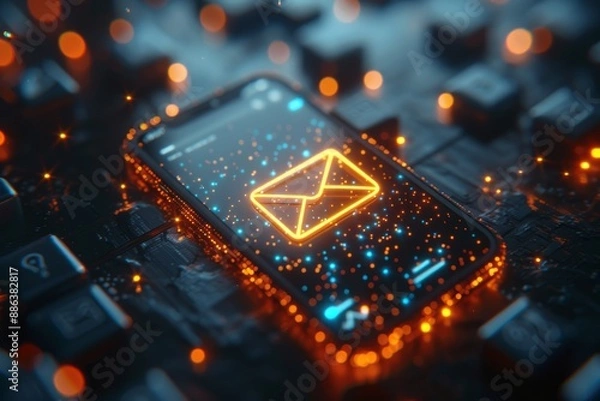 Fototapeta modern smartphone (phone, mobile) with a glowing hologram of a letter icon on the screen, digital writing, futuristic