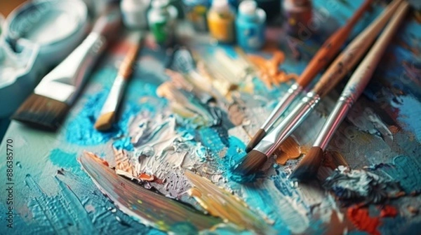 Fototapeta Paintbrushes on Palette with Colorful Paint.