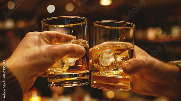 Fototapeta Close-up of two glasses of whiskey with ice cubes in hands