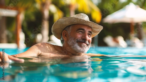 Fototapeta Portrait of happy senior man relaxing in swimming pool at tropical resort