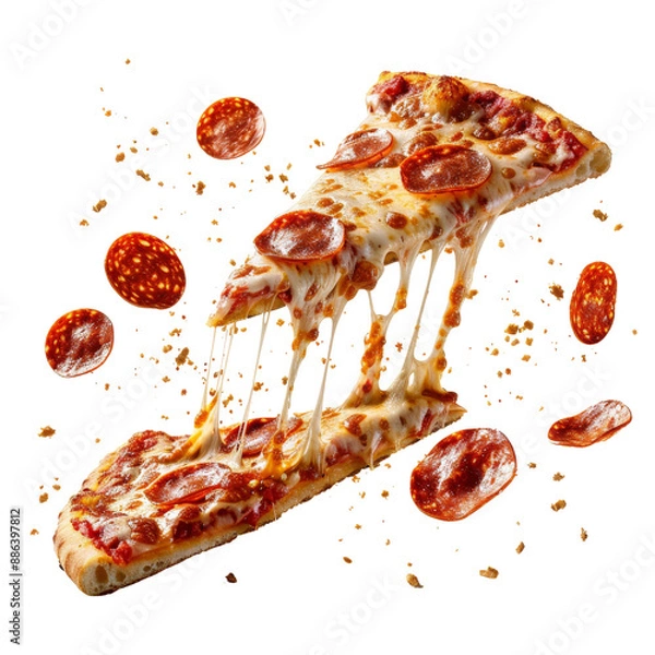 Fototapeta Levitating Pizza Slices with Pepperoni and Melted Cheese - Ultra Realistic Italian Cuisine in Rich Colors cut out dicut PNG on transparent