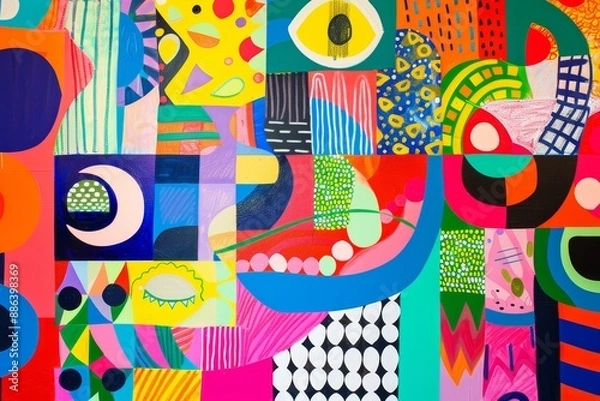 Fototapeta An abstract painting featuring bright colors and various shapes creating a dynamic visual impact, Display a variety of colorful shapes and patterns overlapping each other