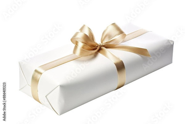 Fototapeta A Gleaming Gold Ribbon Adorns a Pristine White Gift Box on a White or Clear Surface PNG Transparent Background