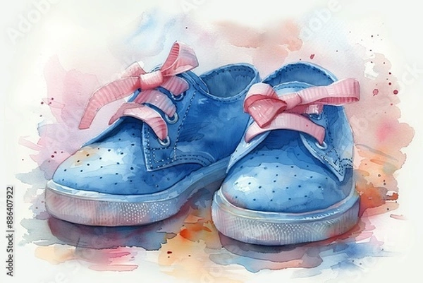Fototapeta A peaceful watercolor illustration of a pair of baby shoes with tiny bows, positioned gently on a white background