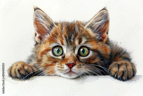 Obraz A vibrant watercolor illustration of a curious tabby kitten with green eyes, exploring playfully on a white background
