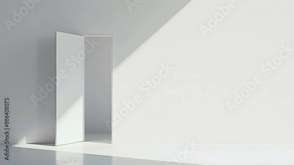 Fototapeta White half-open door and white wall with copy space leading to luminous unknown place