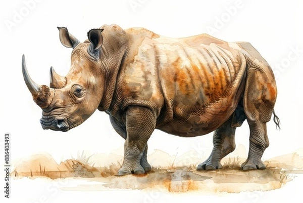 Fototapeta An elegant watercolor illustration of a magnificent rhinoceros with a distinctive horn and textured skin portrayed nobly on a white background