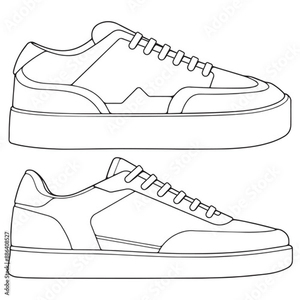 Fototapeta set of outline Cool Sneakers. Shoes sneaker outline drawing vector, Sneakers drawn in a sketch style, sneaker trainers template outline, Set Collection. vector Illustration.