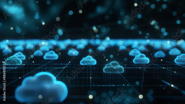 Fototapeta Abstract Cloud Computing Network, Neon Blue, Digital Technology Concept