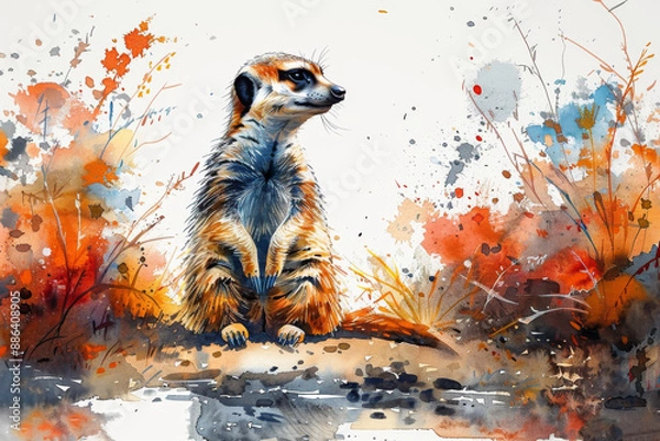 Fototapeta A whimsical watercolor illustration of a curious meerkat with a vigilant posture and expressive eyes, depicted playfully on a white background