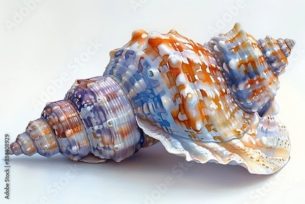 Fototapeta A whimsical watercolor illustration of a delicate seashell with intricate patterns, placed gracefully on a white background