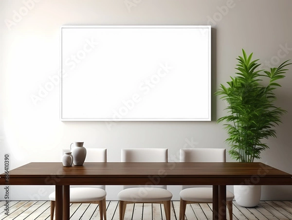 Fototapeta Modern dining area with a wooden table, white chairs, large blank canvas, and a green plant.