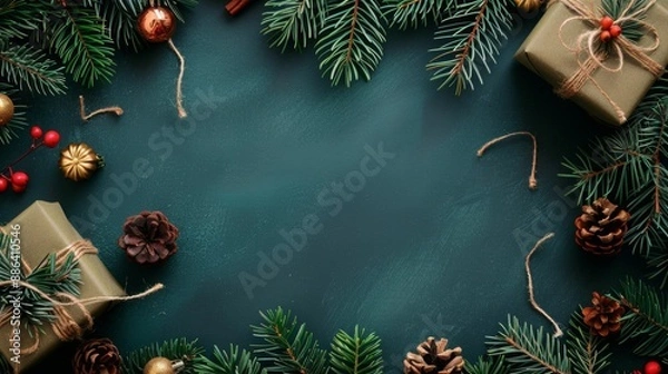 Fototapeta A creative frame made of Christmas tree branches and gift boxes with a place for text.
