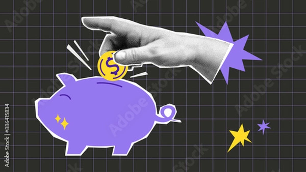 Obraz Collage piggy bank and halftone hand with coin and shapes. Saving money and financial planning metaphor composition. Business concept vector pop art retro style illustration. 
