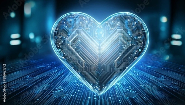 Fototapeta デジタルテクノロジーによる抽象的なハートのシンボル: 未来的な愛とテクノロジーの融合
