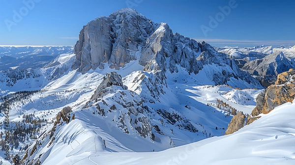 Fototapeta Aerial view of a vast mountain range covered in snow, with jagged peaks and deep valleys, captured in stunning detail under a clear blue sky 