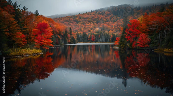 Fototapeta Aerial view of a vibrant autumn landscape, with trees displaying a mix of red, orange, and yellow foliage, and a calm lake reflecting the colorful scenery 