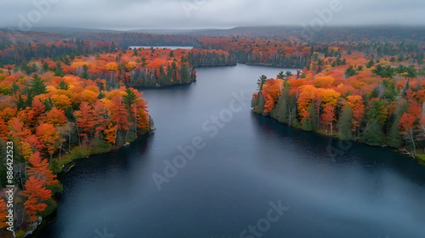 Fototapeta Aerial view of a vibrant autumn landscape, with trees displaying a mix of red, orange, and yellow foliage, and a calm lake reflecting the colorful scenery 