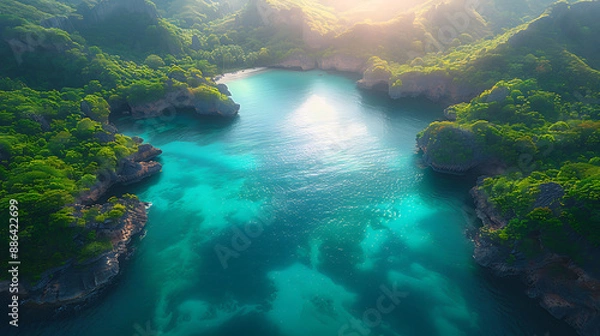 Fototapeta Drone photograph of a picturesque coastal landscape, with turquoise waters gently lapping against white sandy beaches and rocky cliffs, all under a bright sunny day 