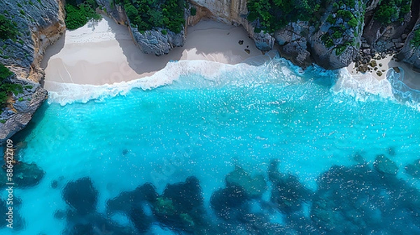 Fototapeta Drone photograph of a picturesque coastal landscape, with turquoise waters gently lapping against white sandy beaches and rocky cliffs, all under a bright sunny day 