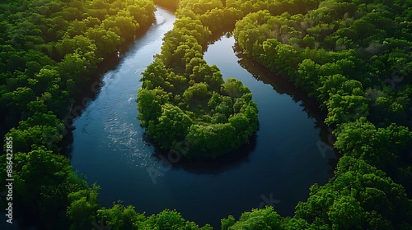 Fototapeta High-angle shot of a lush green forest with a winding river cutting through, the sunlight filtering through the trees and creating a serene, peaceful atmosphere 