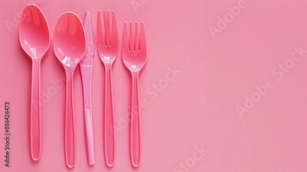 Fototapeta Disposable plastic utensils on a pink background, emphasizing the need to save the environment and promote ecology.
