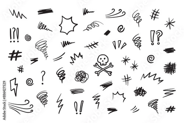 Fototapeta Hand drawn swearing icons in cartoon sketch stile. Simple doodle elements for concept design